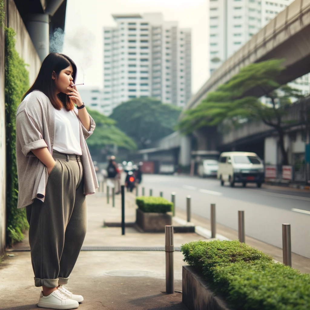 image of an overweight girl standing outside, casually smoking. The scene is set in an urban environment, perhaps near a street or park. She